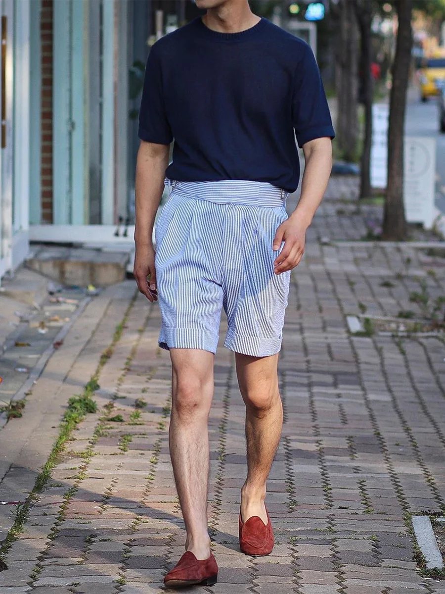 Gurkha-pantalones cortos de cinco minutos para hombre, Shorts informales hechos en casa, selección de tela Seersucker de algodón puro, ajustados, a