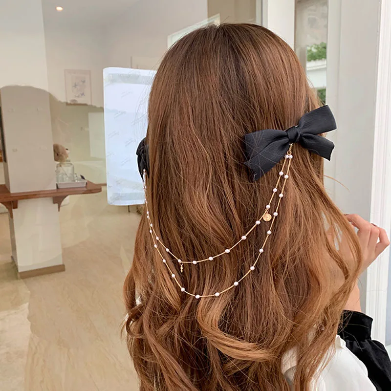 New Women Elegant Vintage Bow Pearl Chain Hairpins Sweet Hair Ornament Headband Hair Clips For Women Fashion Hair Accessories