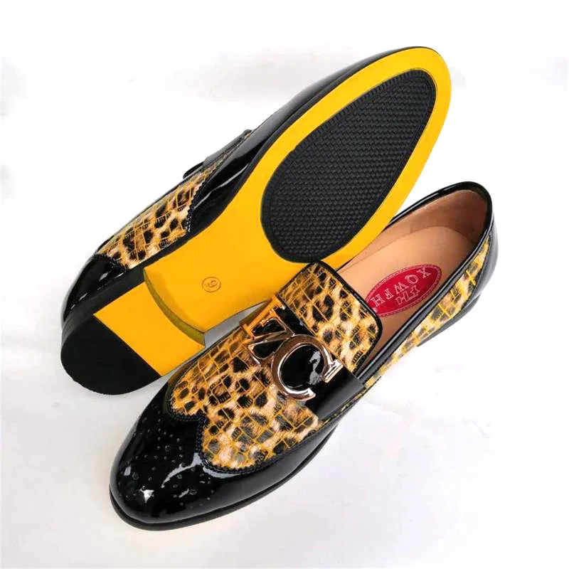 XQWFH Men Leopard Loafers Genuine Leather Moccasins Brogue Shoes Party and Wedding Business Driving Flats Slip On Dress Shoes