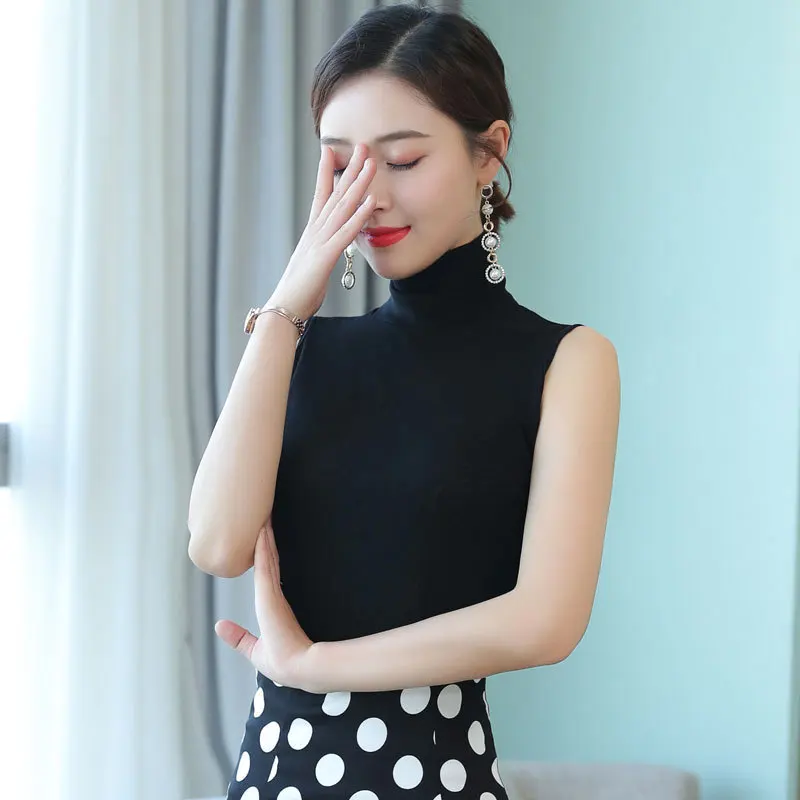 Nice Spring And Summer Pop Black high-necked Outer Sleeveless Vest women's Inner Bottoming Shirt tight-fitting Sleeved T-shirt