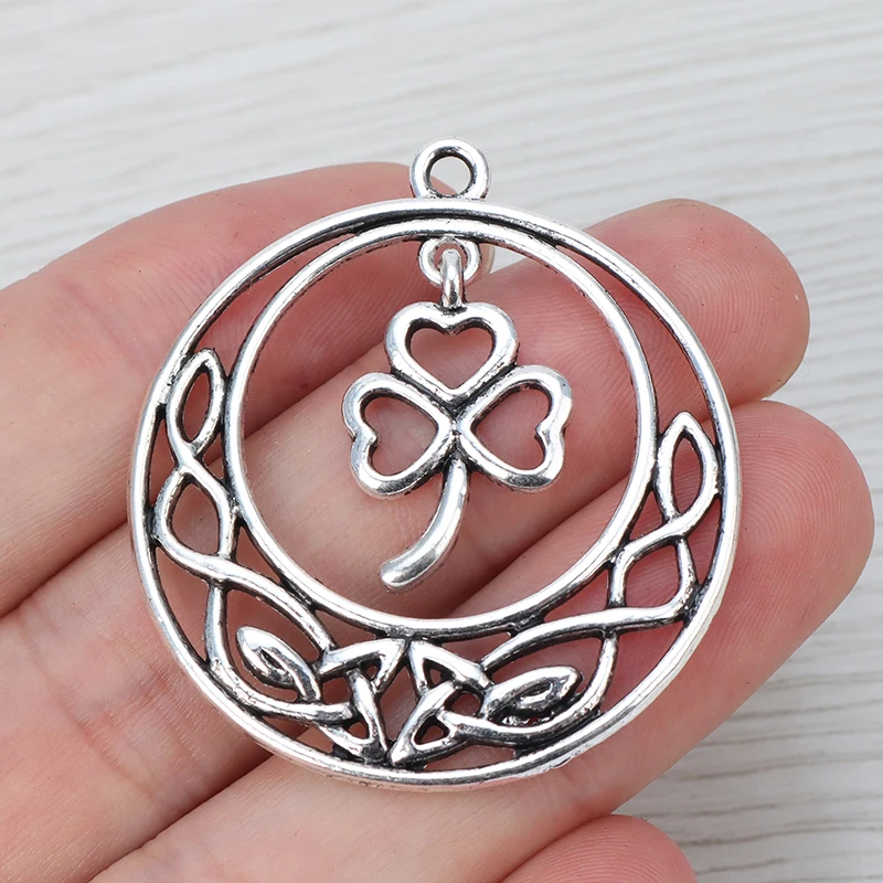 5 x Tibetan Silver Open Celtics Knot Leaf Round Circle Shamrock Charms Pendants for DIY Necklace Jewelry Making Findings 44x39mm