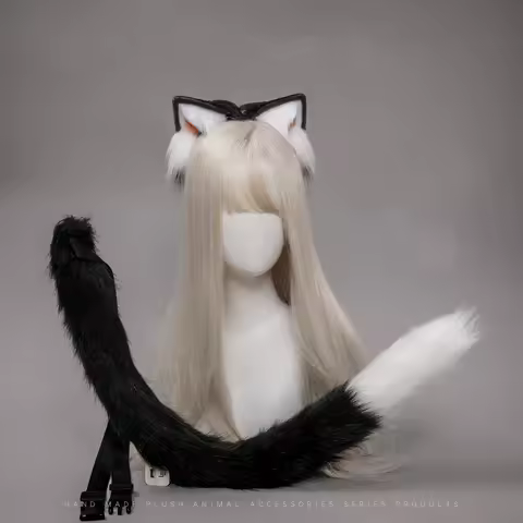 Kawaii Women Girls Halloween Simulation Cat Ears Headband Cosplay Anime Furry Plush Animal Tail Props KC Lolita Hair Accessories