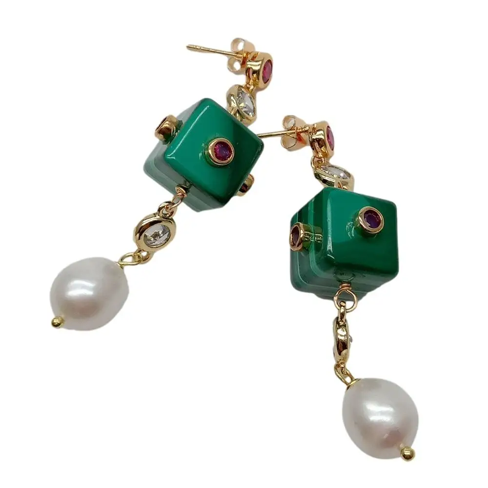 Y·YING Natural Green Malachite Cube Cz Pave Chain Cultured White Rice Pearl  Stud Earrings