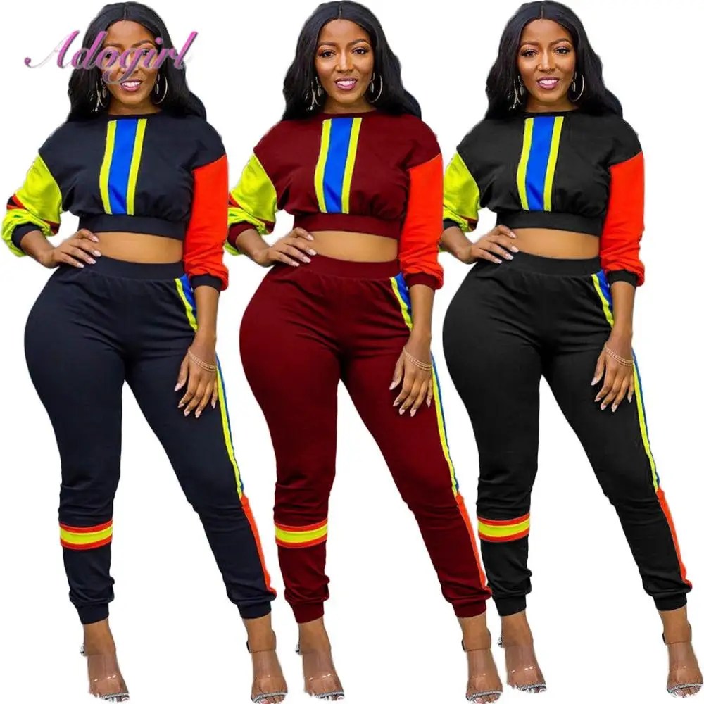 Autumn Women'S Set  Full Sleeve Striped Print Crop Tops Sweatshirt Joggers Pants Suit Sportwear Two Piece Set Outfit Tracksuit