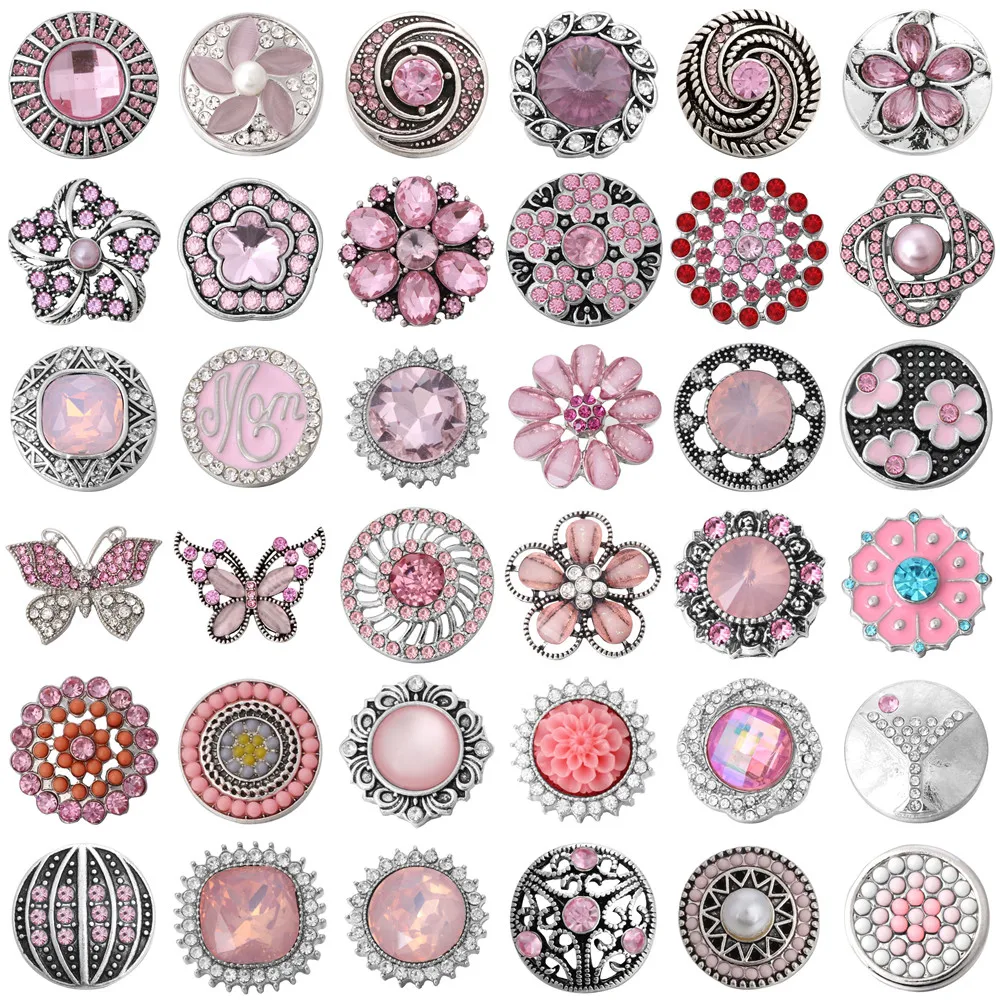 6pcs/lot New Snap Jewelry 18mm Pink Rhinestone Crystal Snap Button Metal Snaps Fit Leather Snap Bracelet Charms Bangle