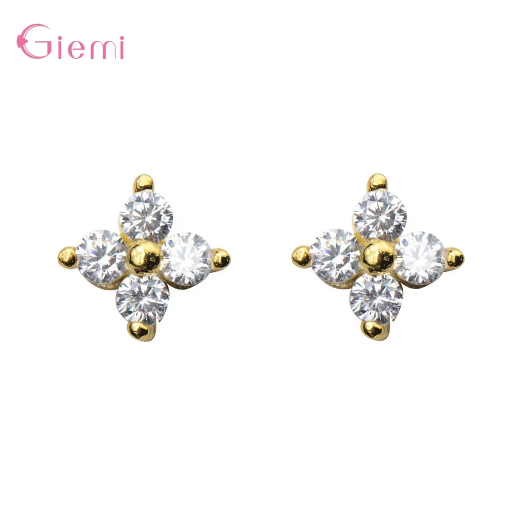 Pendientes de plata de ley 925 auténtica para mujer, aretes pequeños con forma de flor de trébol, Circonia cúbica blanca, joyería para regalo de Navidad y fiesta