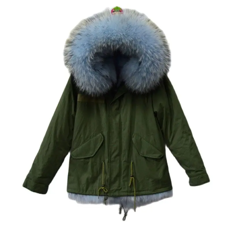 Sky Blue Fashion Women Winter Wear Real Fox Fur Mr&Mrs Wear Light Blue Real Thick Fox Fur Army Green Jacket