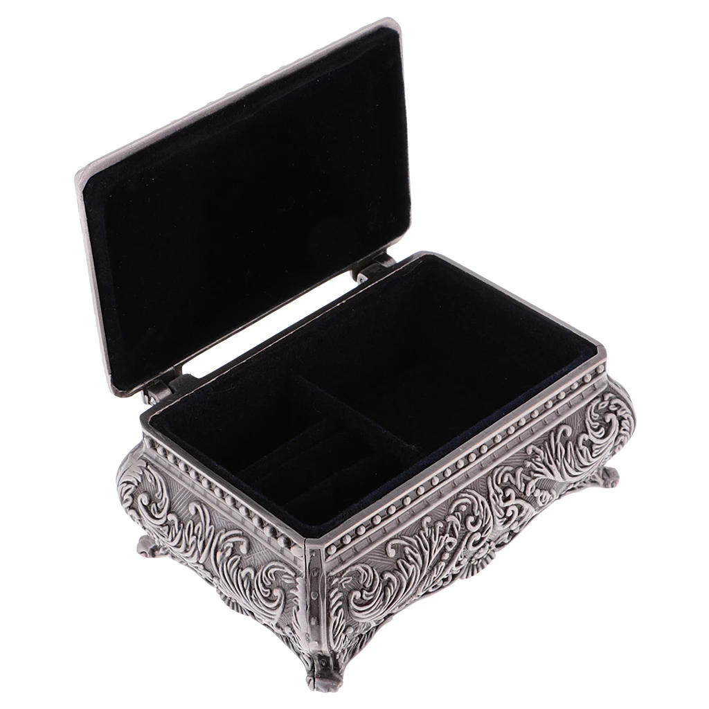 Antique Alloy Rectangle Jewelry Box Flower Sculpture Trinkets Chest Case with Black Velvet Interior Protection For Rings Pendant