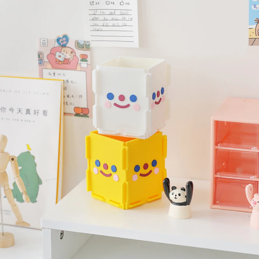 Creative DIY Pen Holder Cute Smiley Desk Storage Box Pen Holders, Office Stationery Organizer Stand Case, Makeup Brush Container