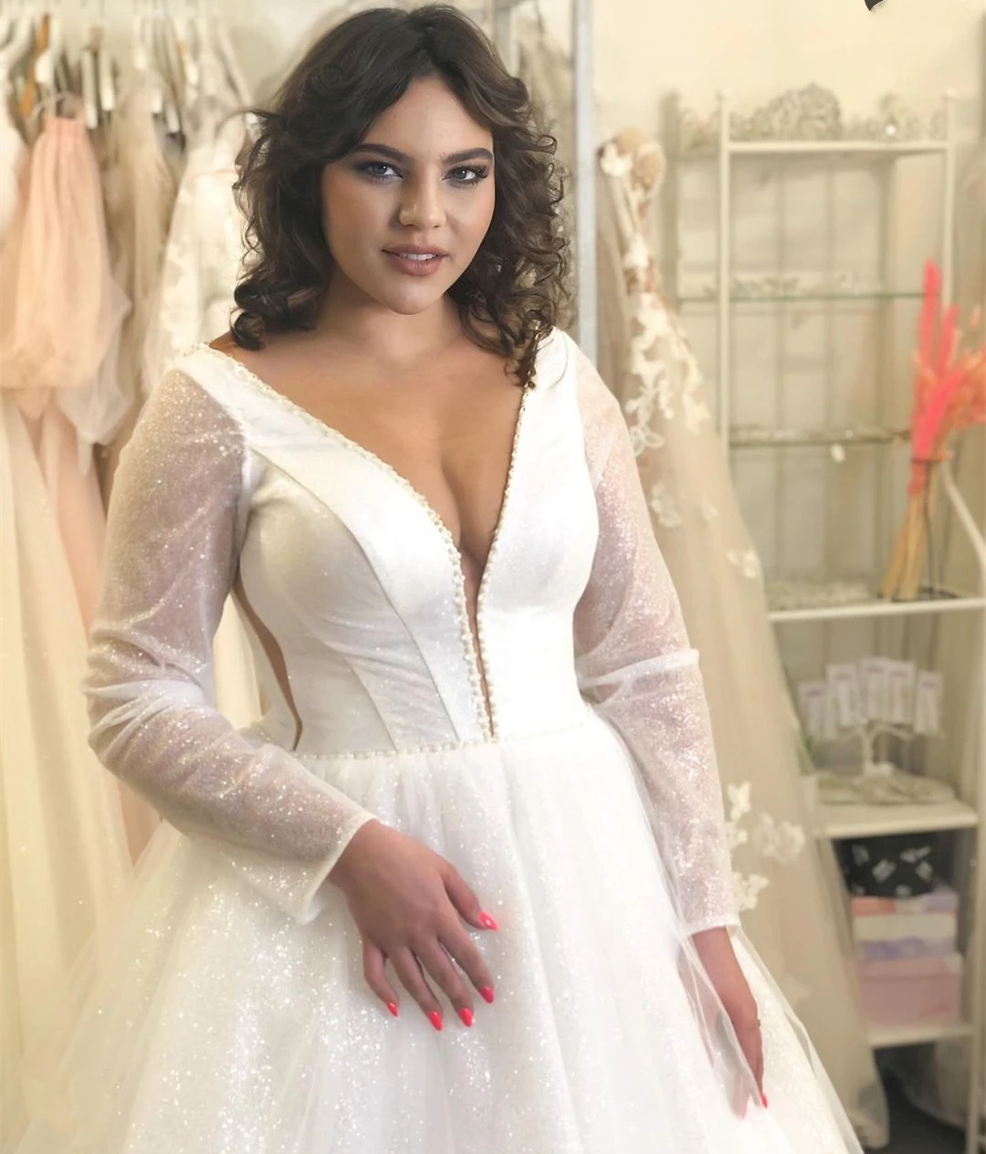 Shiny Deep V-Neck Wedding Dress 2021 Beading Design Pearls Tulle A-Line For Women Robe De Mariee Custom Made Lace Up