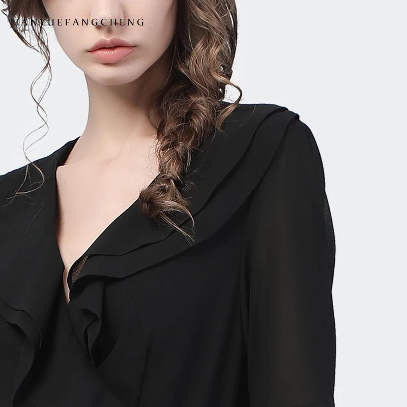 Fashion Womens Summer Chiffon Petite Black Dress Mid-Length Bud Shaped Elegant Ruffle V-Neck Female Clothing Party Dresses 4XL