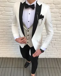 Men Suits 3 Pieces Slim Fit Leisure Groomsmen White Ivory Lapel Business Tuxedos for Formal Wedding(Blazer+Pants+Vest)