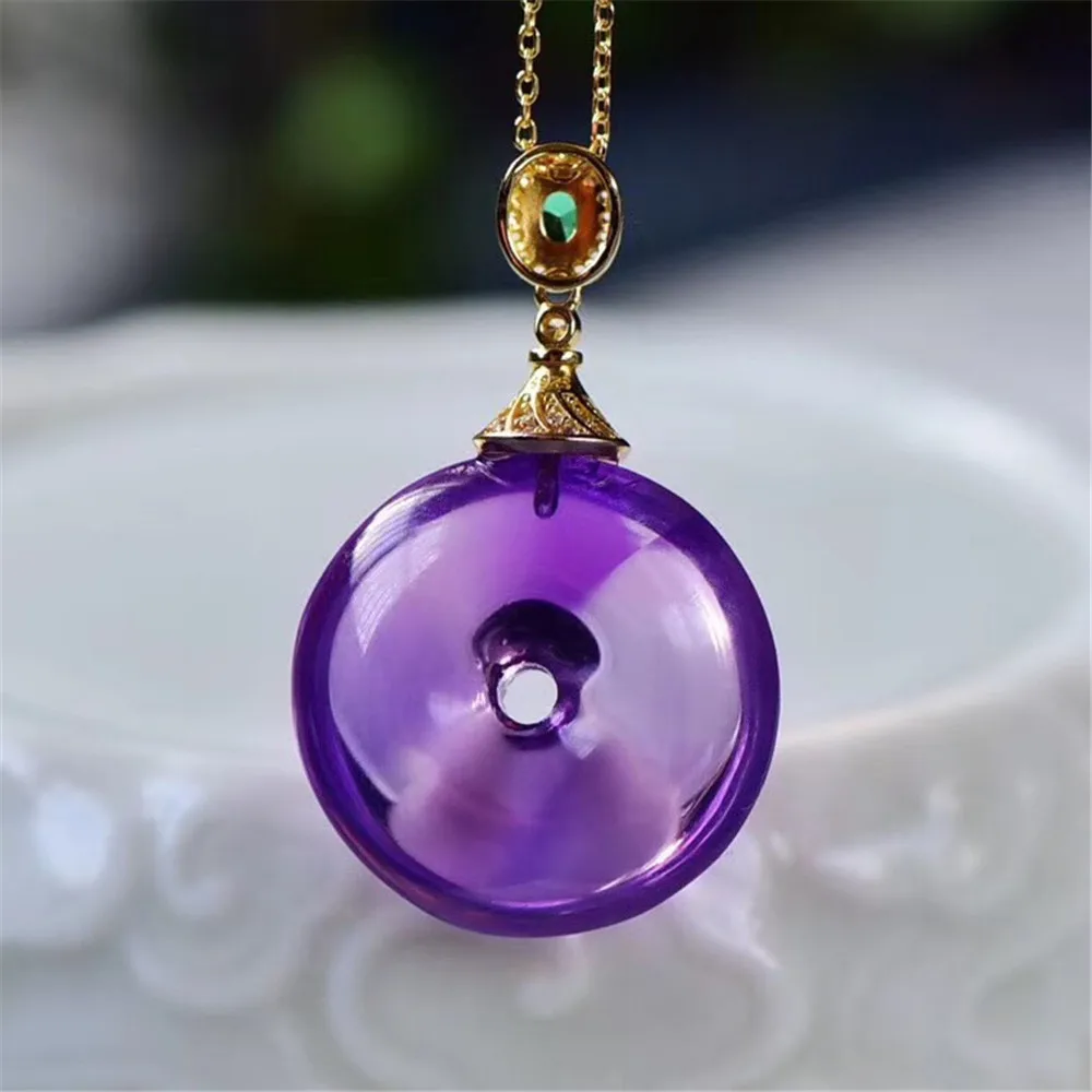 Top Natural Purple Amethyst Peace Buckle Pendant For Woman Man Crystal 21x9mm Round Beads 14K Gold Chains Stone Jewelry AAAAA