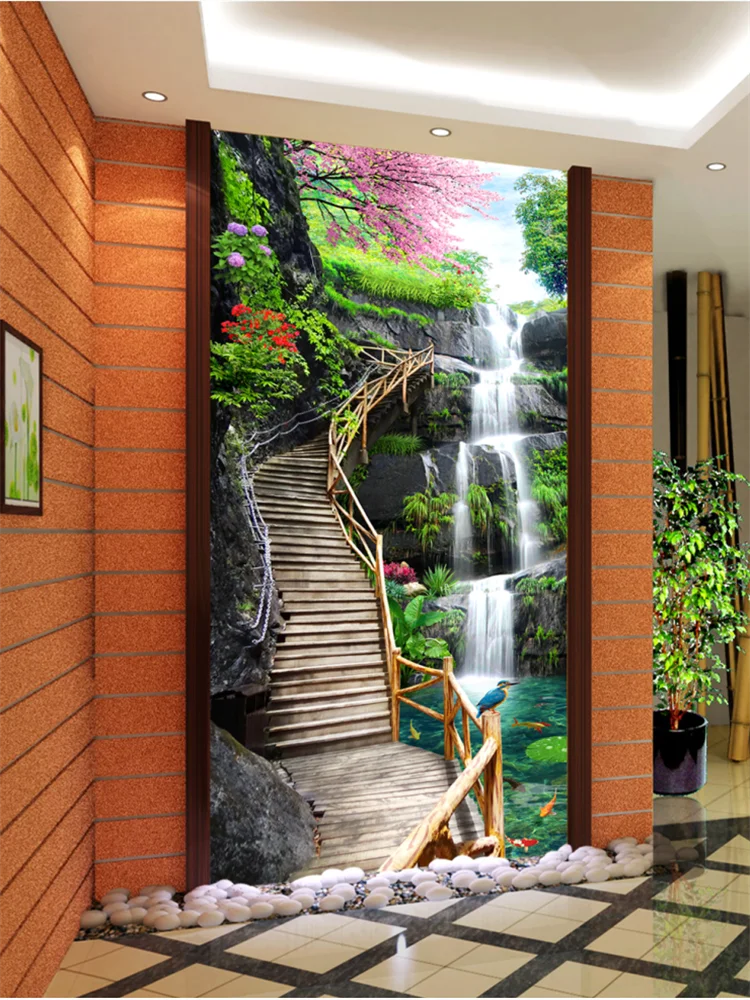 wellyu Custom mural 3d long stream waterfall porch decorative painting embossed flower blooming rich jewelry porch background