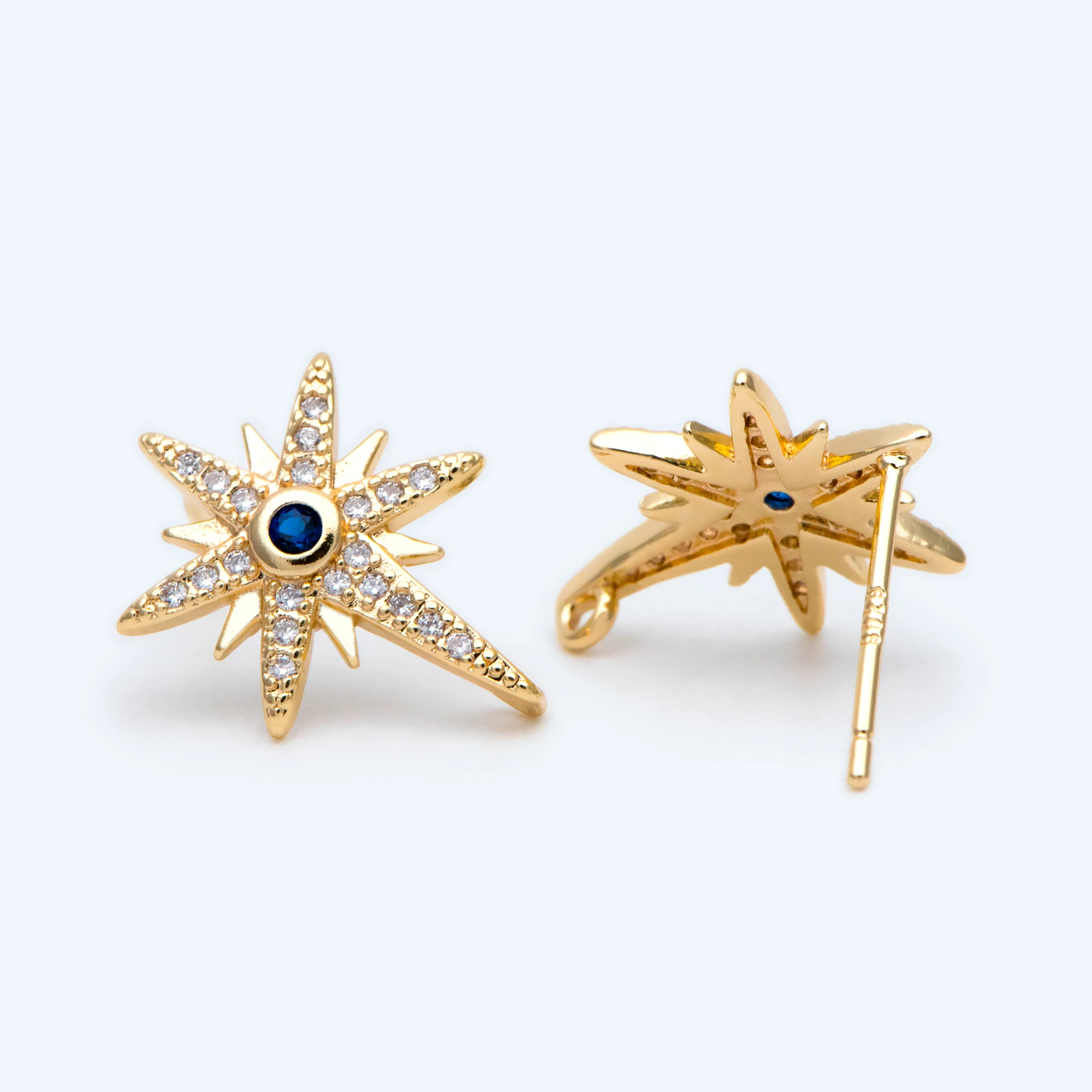 4pcs CZ Paved North Star Ear Posts with Loops,25x11mm, Real Gold Plated Brass Star Stud Earrings (#GB-1687)