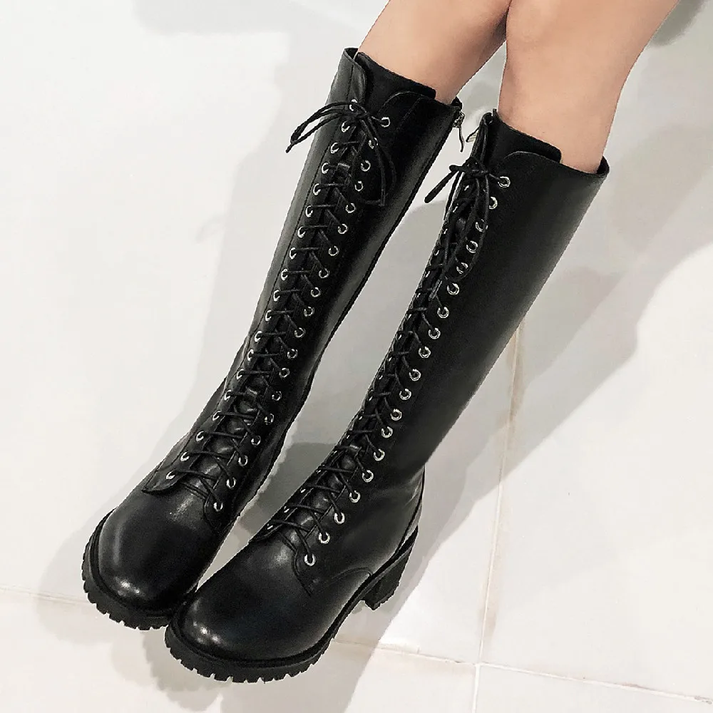 Women's genuine leather chunky heel round toe lace-up knee high knight boots punk winter warm plush long boots high quality shoe