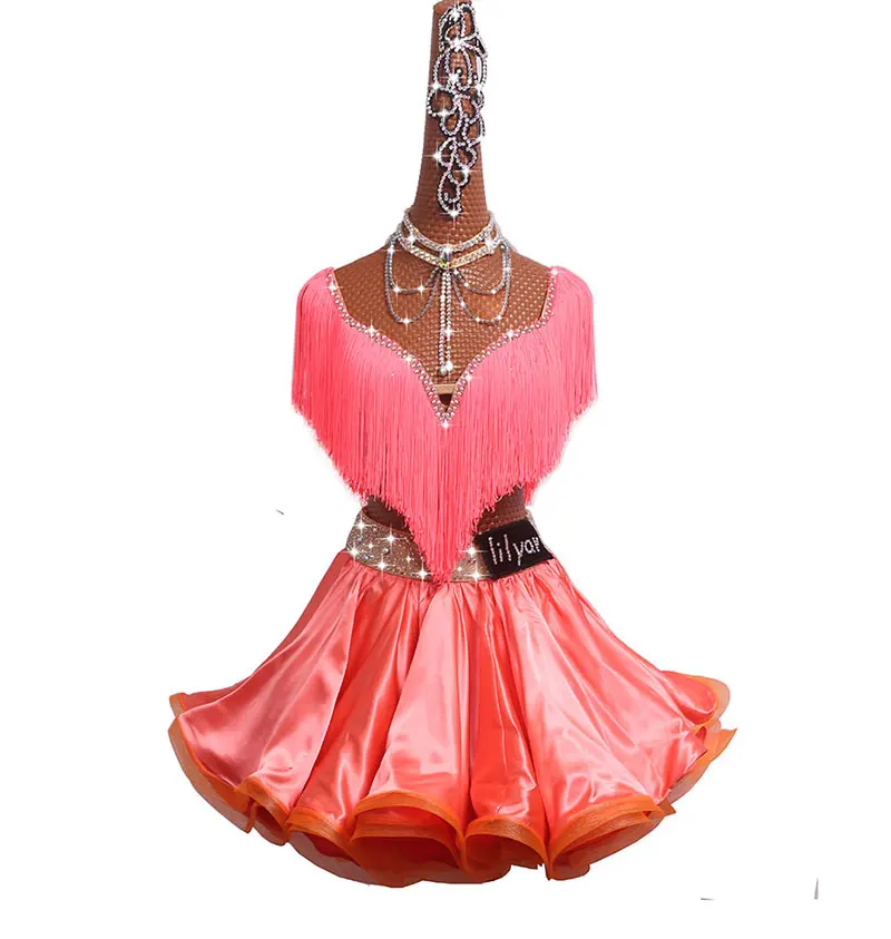 Latin Dance Competition Dress Performing Dress Princess Skirt, Fish Bone Curling Skirt, Orange Pink tassels #LD121