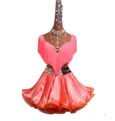 Latin Dance Competition Dress Performing Dress Princess Skirt, Fish Bone Curling Skirt, Orange Pink tassels #LD121