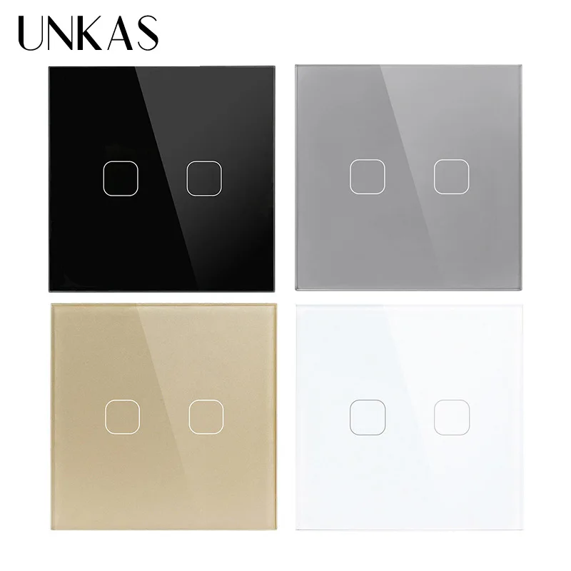 UNKAS AC220V 2 Gang 1 Way Light Wall Touch Screen Switch EU Standard 4 Color Crystal Glass Panel Outlet