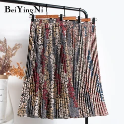 Beiyingni Skirt Women Floral Printed Vintage Casual Korean Pleated Midi Skirt Retro Kawaii Harajuku Fashion Faldas Female Jupe