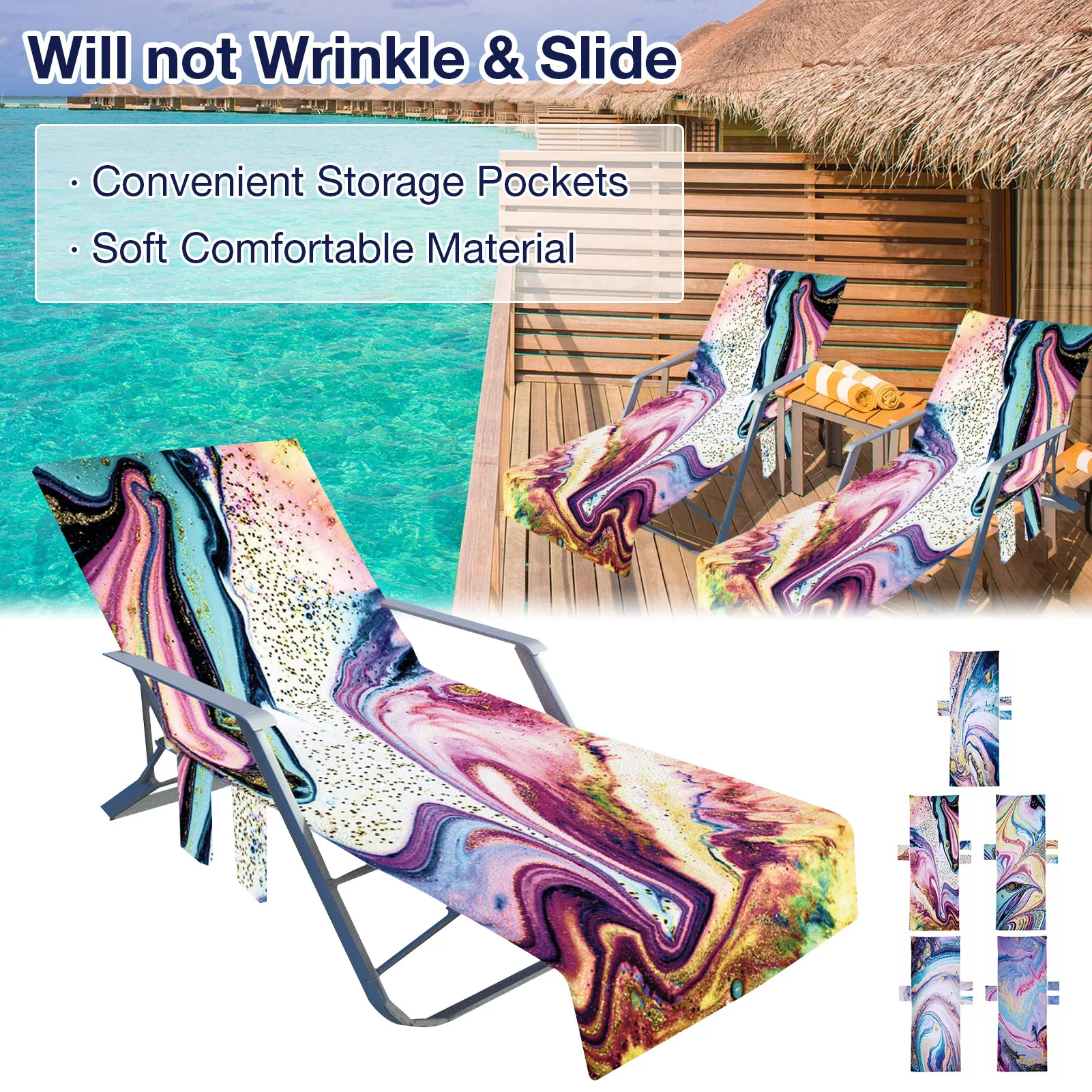 Beach Chair Cover Pool Lounge Lounge Chair Towel Sun Lounger Cover With Side Storage Pocket Non-slip Terry Cloth Beach Towel