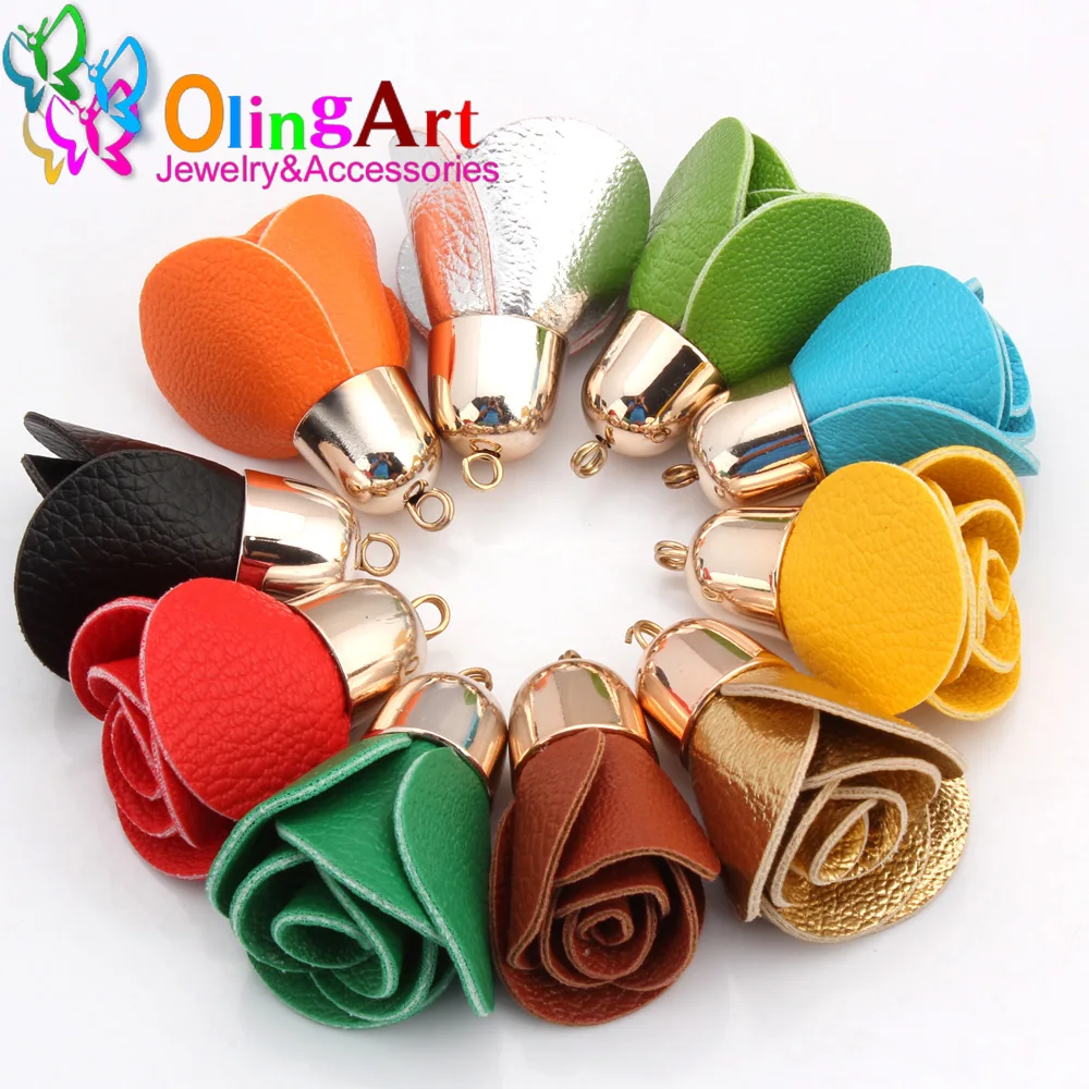 Olingart 42mm 4pcs/Lot Gold Hat Mix Color Artificial Leather Rose Shape Tassel Earring Pendant DIY Jewelry Making