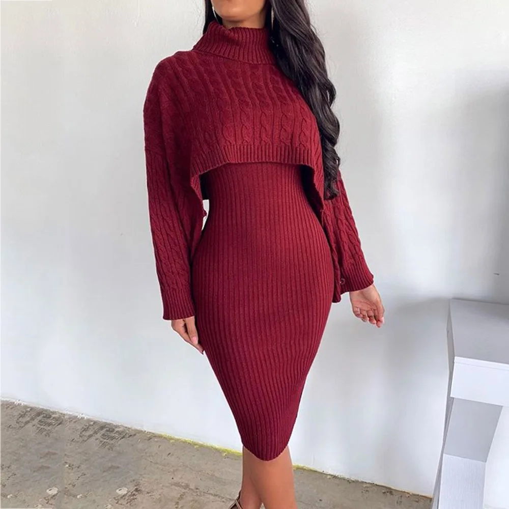 Women Winter Turtleneck Long Sleeve Sweater Dress Matching Outfit Fashion Autumn Bodycon Midi Knitted Dresses Two Piece Set Lady