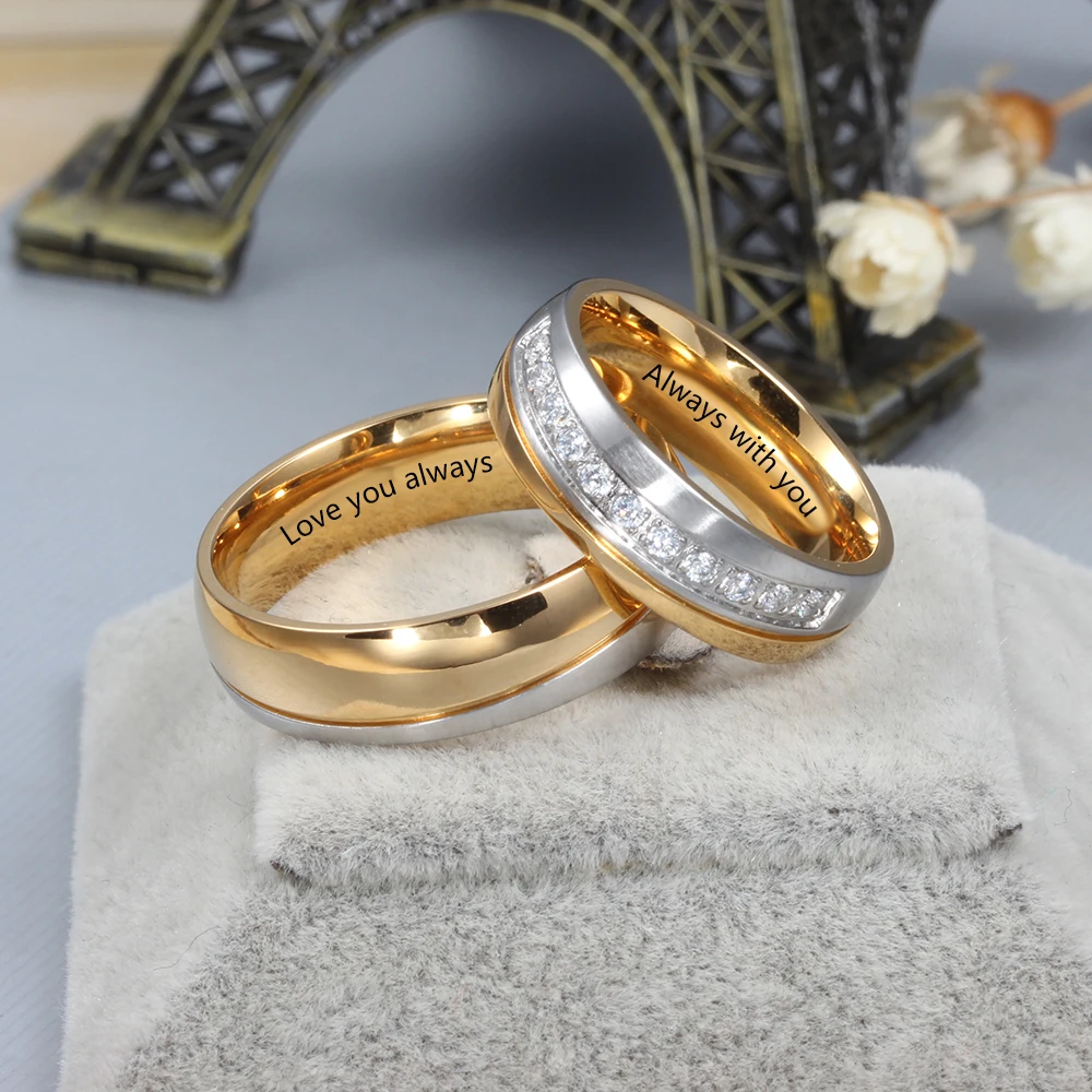 Customized Name Engraving Wedding Engagement Rings for Women Men Personalized Couple Rings with Zirconia Anniversary Gift