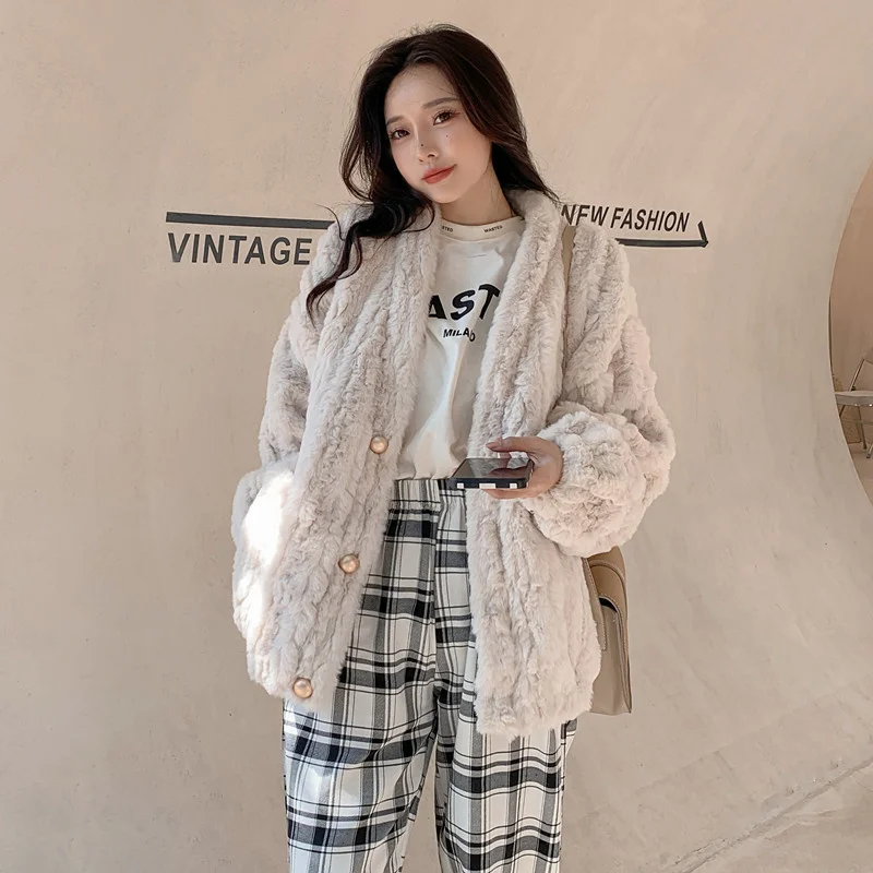 Autunno donna albicocca Faux Rabbit Fur Coat Casual coreano scollo a v manica lunga Coath Outwear inverno allentato Casual femminile Abrigo Mujer