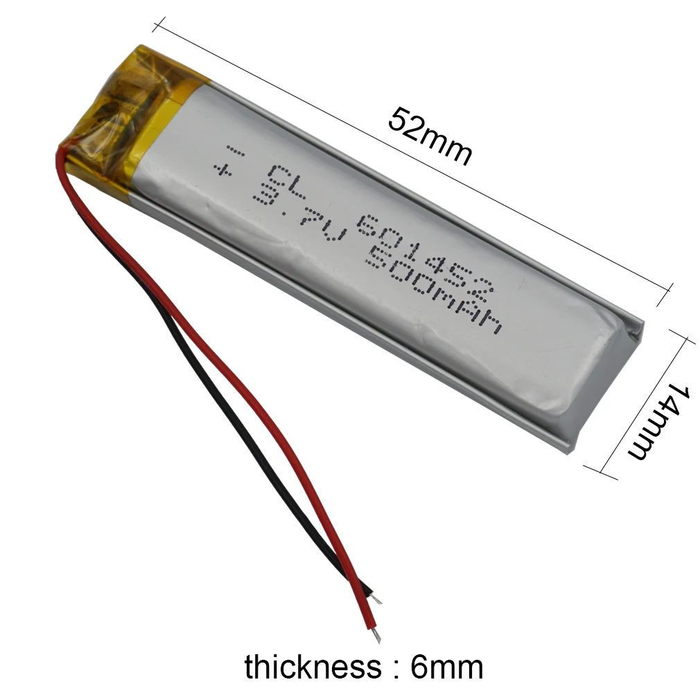 Bateria de polímero de lítio 601452 para GPS, MP4, gravar caneta, gravador de condução, câmera do carro, LED Headset, jogador do jogo, 3.7V, 500mAh, 1.85Wh