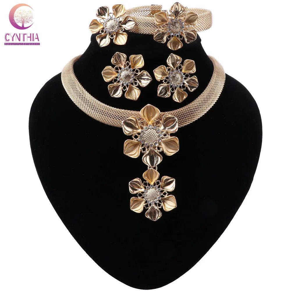 CYNTHIA African Bridal Dubai Jewelry Sets for Women Charm Indian Necklace Bracelet Ring Earrings Nigeria Wedding Jewelry Set