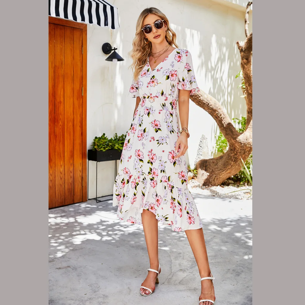 Frauen Chiffon Kleid 2021 V-ausschnitt Sommer Boho Blumen Druck Strand Kleid Mode Kurzarm A-linie Party Kleid Sommerkleid WDR30