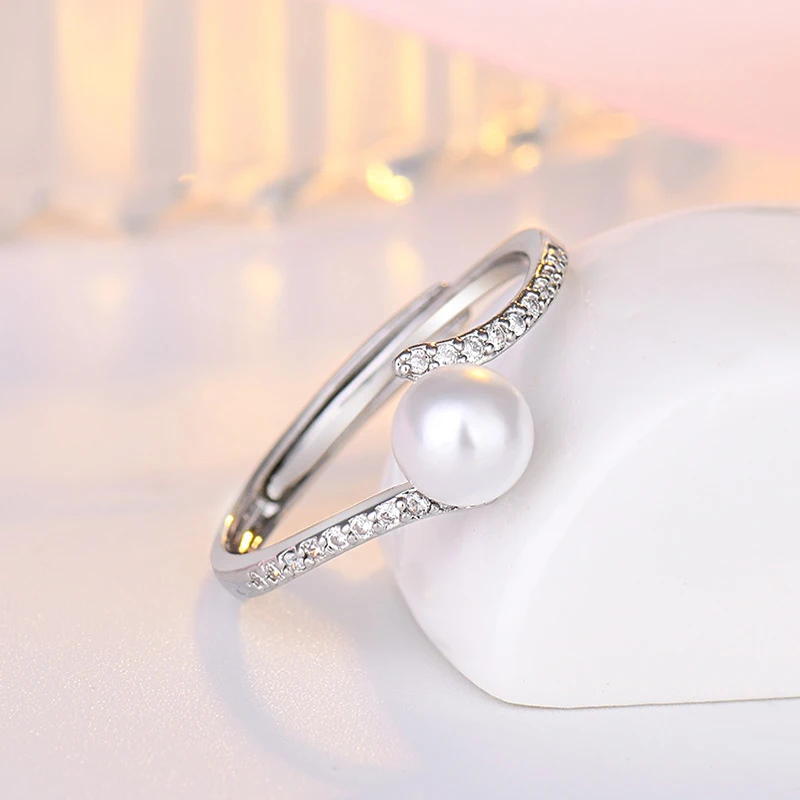 Fashion Pearl Rings 925 Silver Jewelry with Zircon Gemstones Open Finger Ring Fine Accessories for Wedding Engagement Party Gift