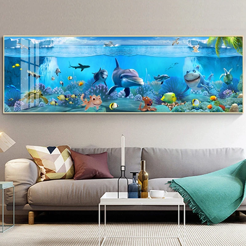 Modern Blue Posters and Prints Deep Sea Marine Fish Animals Canvas Painting Wall Art for Kidsroom Decoration Painting Unframed