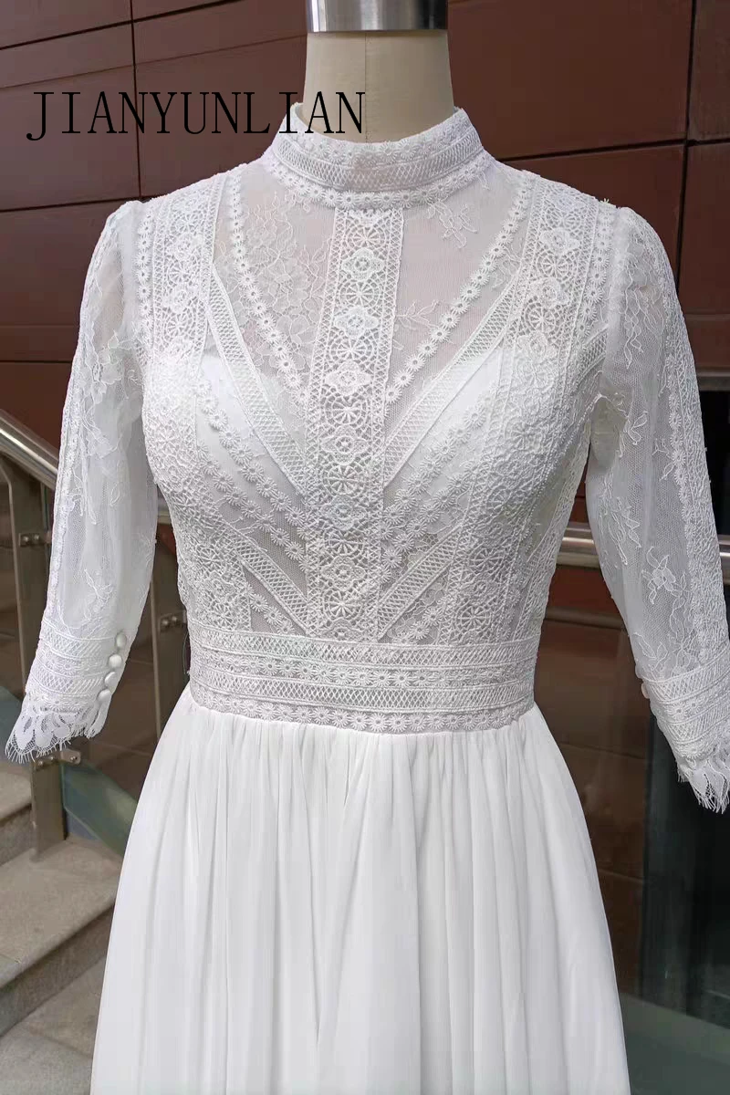 Customized Vintage Boho Wedding Dress Lace Tulle High Neck Cap Sleeves A Line Bohemian Bridal Gowns ELegant Bride Dress