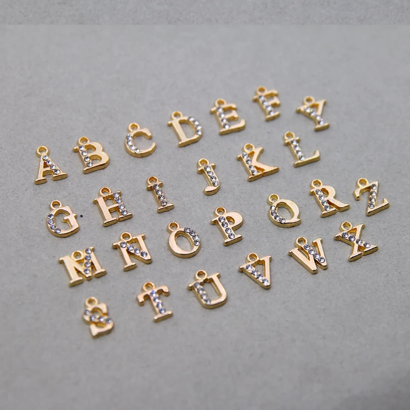 26/10pcs/pack A-Z Letter Gold Alloy Crystal Rhinestone Charms Alphabet Jewelry Bracelet Chain Keyring Initial Handmade Pendant