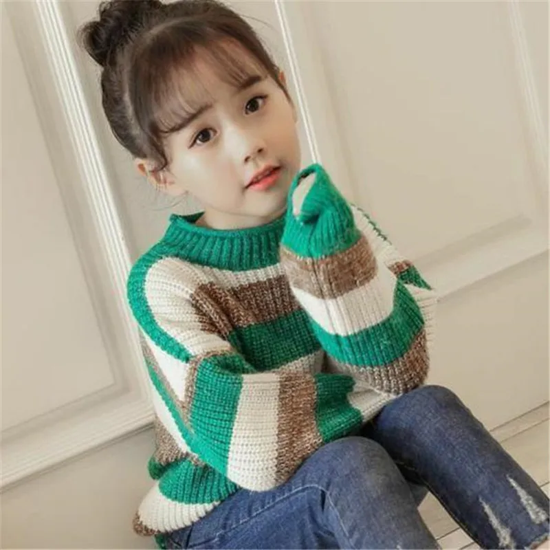 

Spring Winter Girl Casual Hedging Sweater Children's Knitted Woolen Kids Warm Thicken Plus Velvet High Quality Color Matching