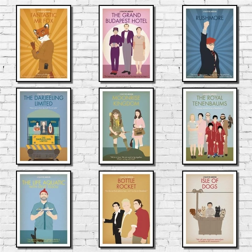 Wes Anderson Movie Poster Whitepaper Minimalist Movie Poster Art Painting Abstract Fancy Wall Sticker for Coffee House Bar