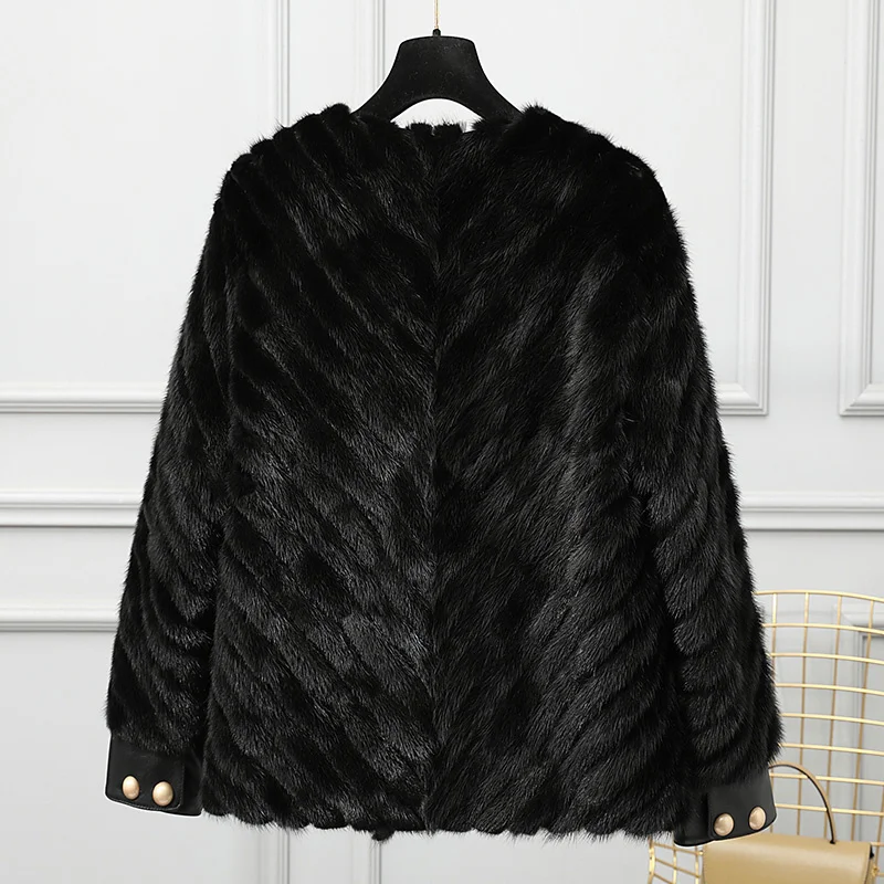 Mink Fur Coat Round Neck Women\'s Clothes Natural Fur Mink Coats Winter Warm Short Leather Sleeves Female Black Jacket Outwear