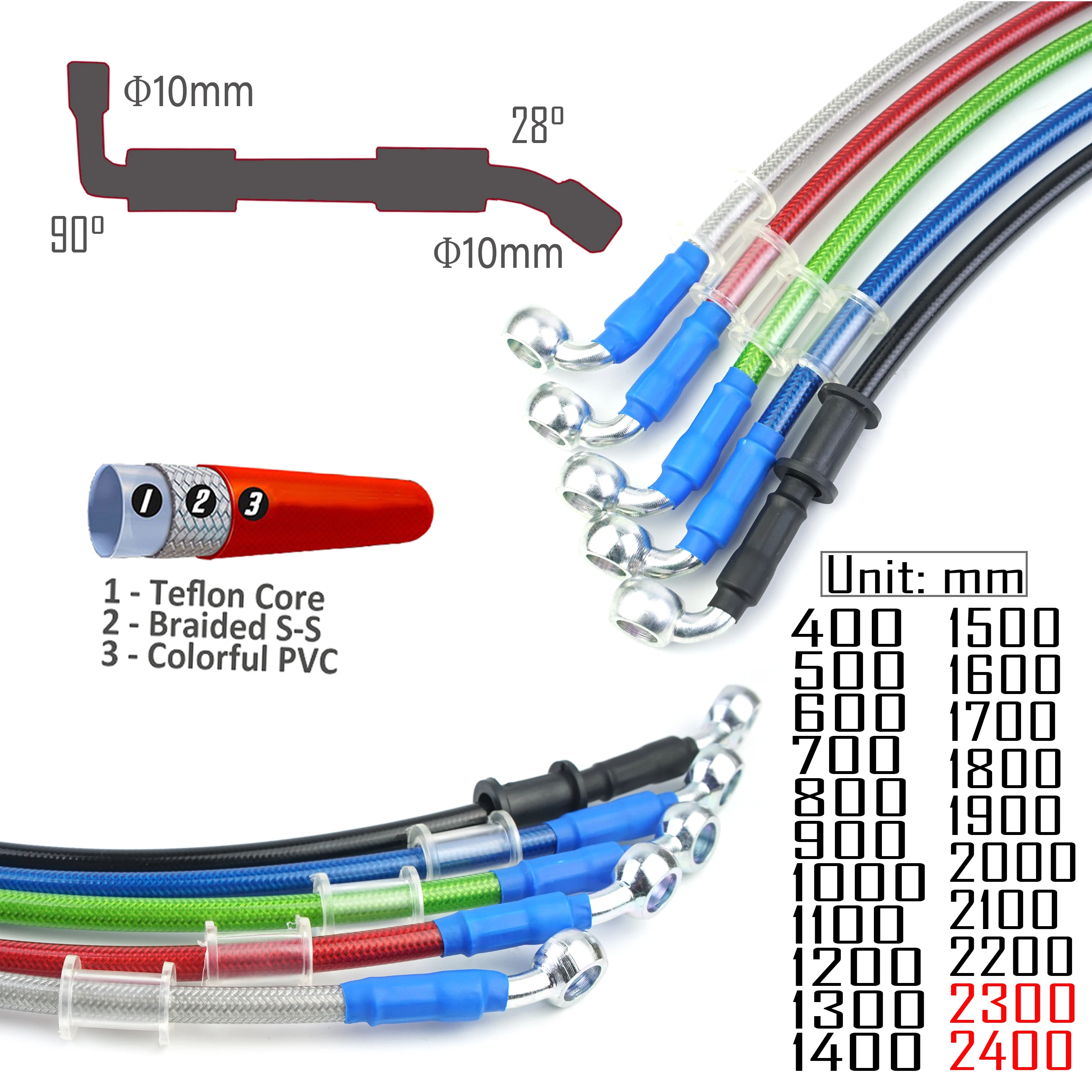 AN3 Braided Brake Hose Moto M10 Banjo 28 90 Degrees Motorcycle ATV Hydraulic Clutch DOT Flexible Tube Line Oil Hose 400 2200mm