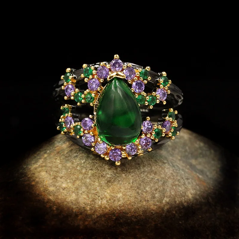 Original Italian Craftsmanship Handmade Jewelry Water Drop Emerald Ring Micro Inlaid Luxury Purple Zircon Ladies Ring Jewelry