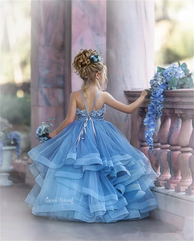 Robes à fleurs mignonnes pour filles, pour mariage, jupe à plusieurs niveaux, en dentelle Spaghetti, bleu ciel, avec des Appliques florales, robe de concours, ligne A, pour enfants