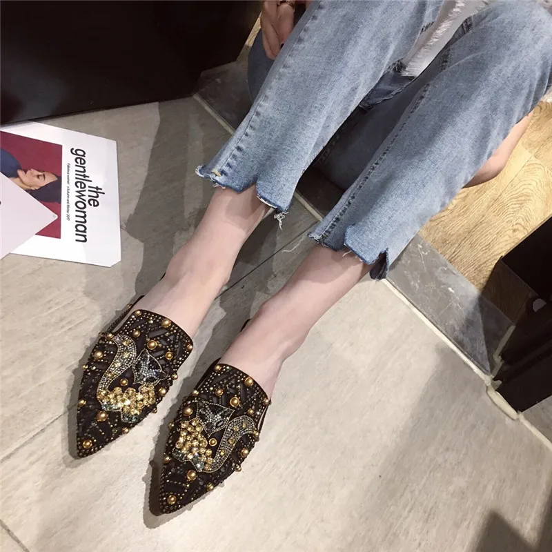 Slippers for Women Pointed Toe Summer Flats Slip-on Mules Backless Loafers Luxury Design Shoes Low Heel Rhinestone Bling Pumps