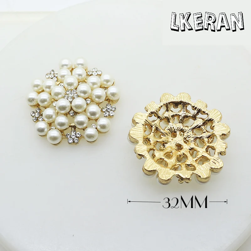 LKERAN 2PC 32mm Big Flower Pearl Bead Flower Metal Rhinestone Buttons Decorative DIY Jewelry Accessories