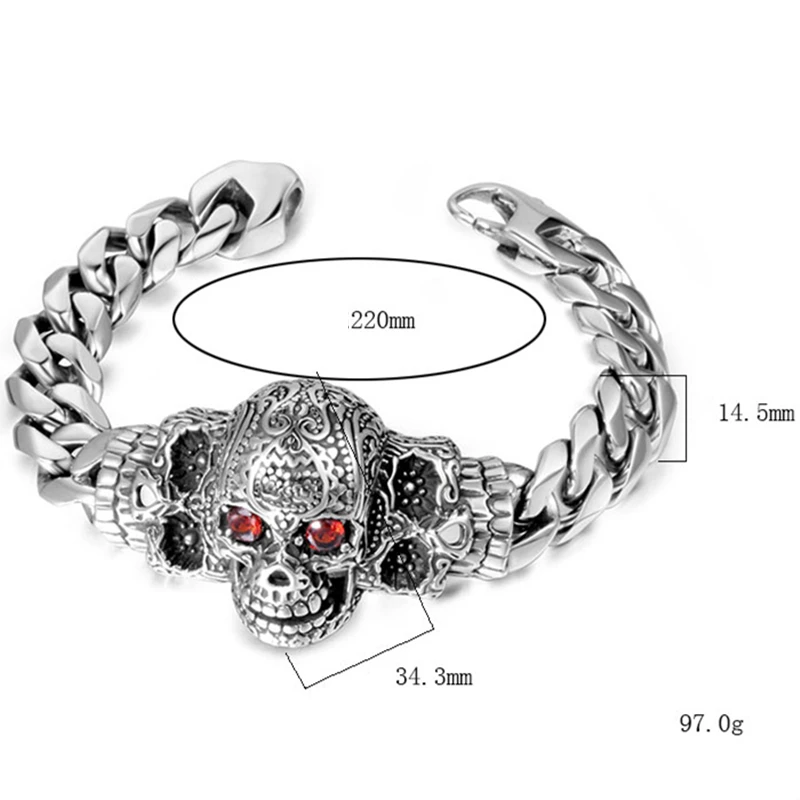 22cm Men's Titanium Steel Big Skull with Red Cubic Zirconia Bracelet Fashion Rock Exaggerated Bracelet