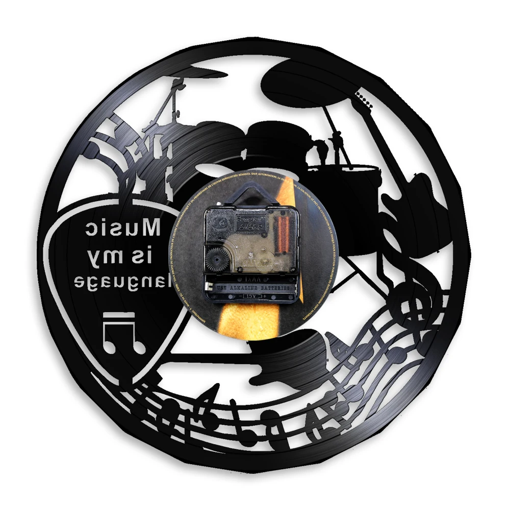 Music Is My Language Inspirational Quote Vinyl Record Wall Clock Bedroom Decor Rock Band Guitar Drums Carved Album Record Clock