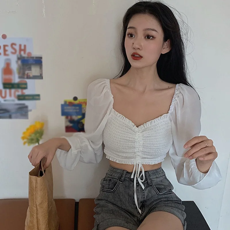 Women\'s Fashion Off Shoulder Shirt Sexy Sweet Pleated Soild Navel Exposed Chiffon Long Sleeves Blouses Korean Version Party Tops