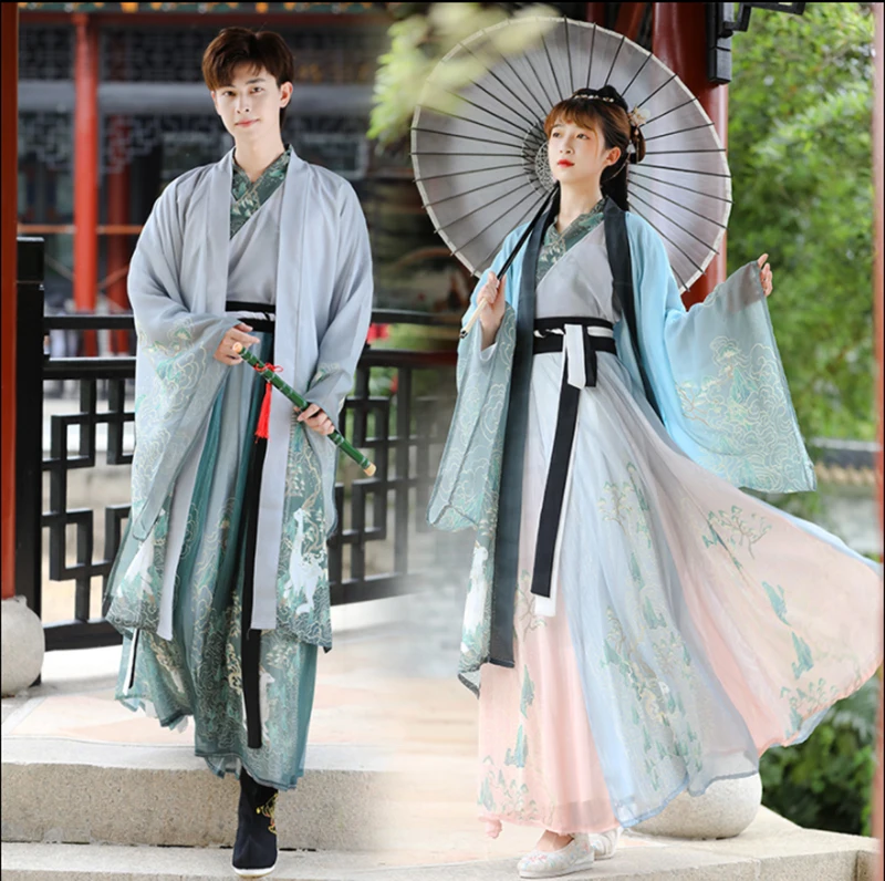 Hanfu Couples Chinese Ancient Vintage Hanfu Shoot Adult Carnival Cosplay Costume Green&Gray 3 Pcs Hanfu Outfit For Men&Women