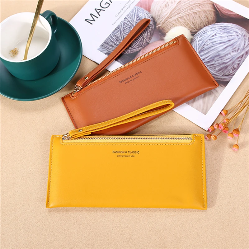 6-Colour Fashion Women Girls Thin Wallets PU Leather Zipper Long Coin Purses with Wristband Female Ladies Clutch Card Holder