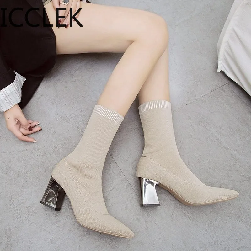 Women\'s Boots Pointed Toe Yarn Elastic Ankle Boots Thick Heel High Heels Shoes Woman Female Socks Boots winter